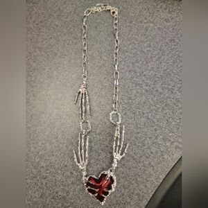 Gothic Punk Heart Shaped Pendant Necklace with Skeleton Hands/Claws